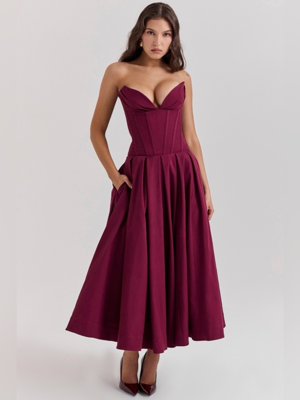 House of CB Lady Wine Strapless Midi Dress